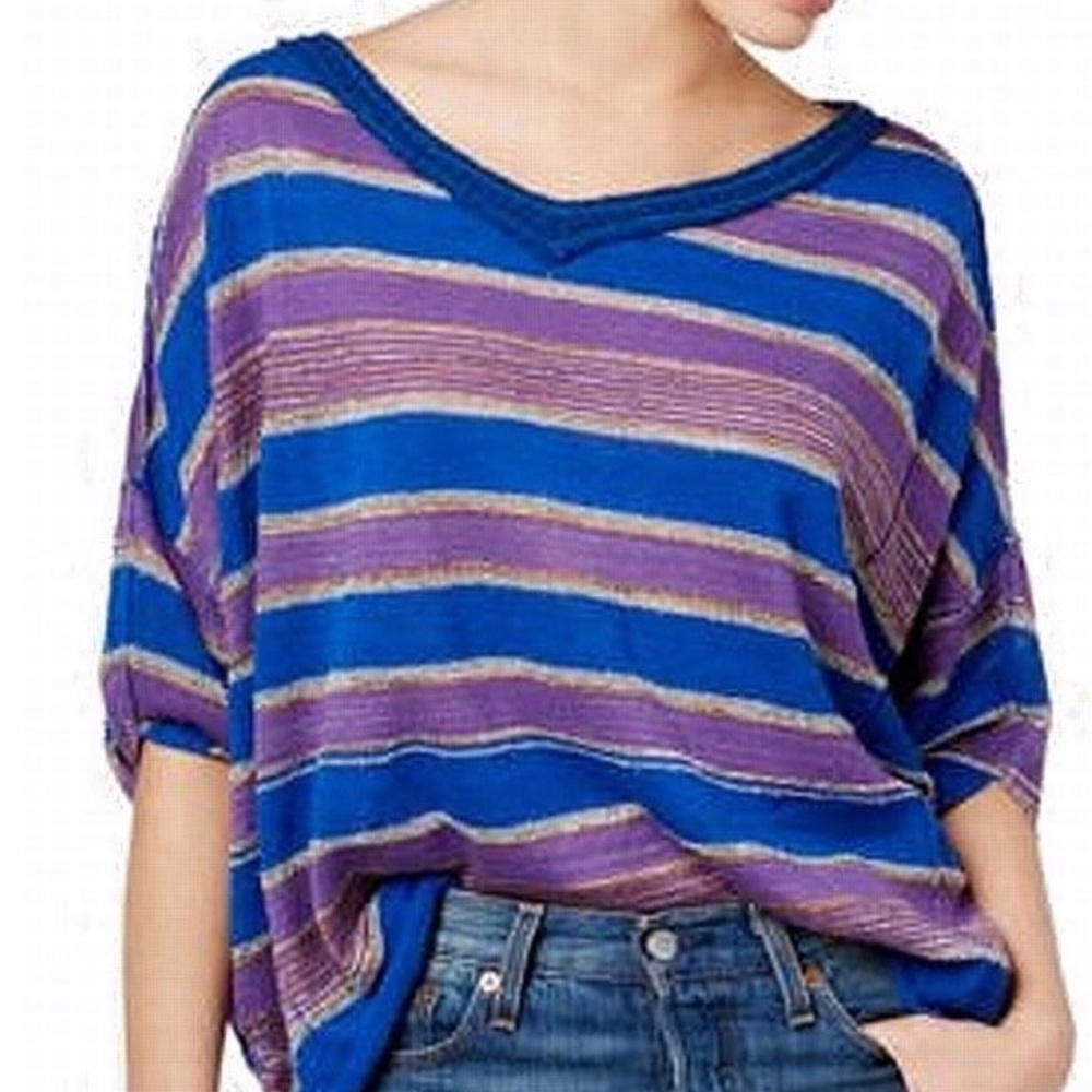 Free People Purple Womens Striped Pullover Sweater